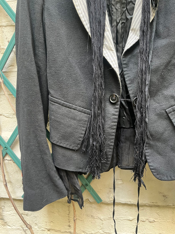 (New Arrival) ANN DEMEULEMEESTER - SS05 Cotton blend jacket with striped lapels and fringes (runway)