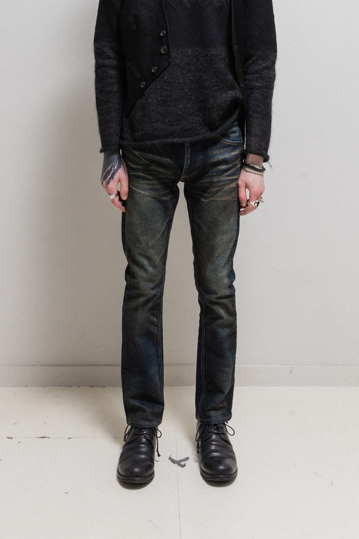 (New Arrival) ISAMU KATAYAMA BACKLASH - Washed blue denim with leather details