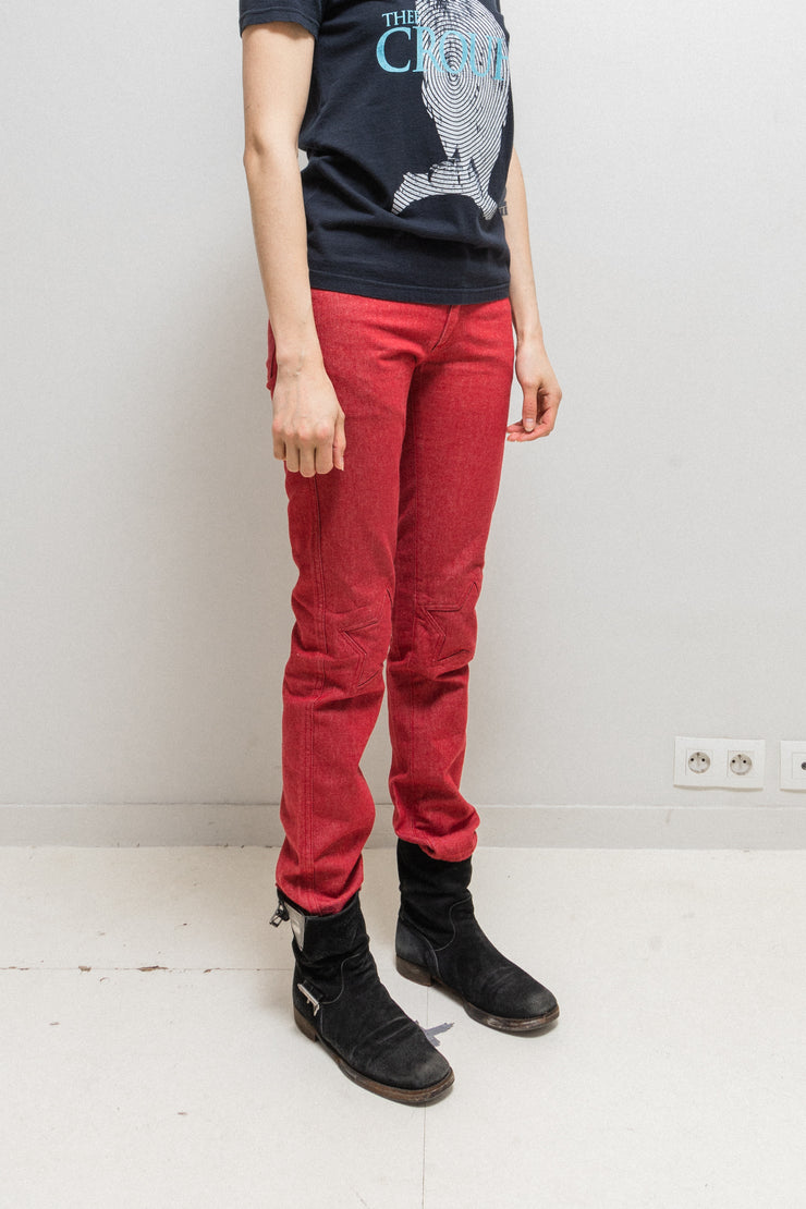 UNDERCOVER - FW00 "Melting Pot" Red slim jeans with star knee patches