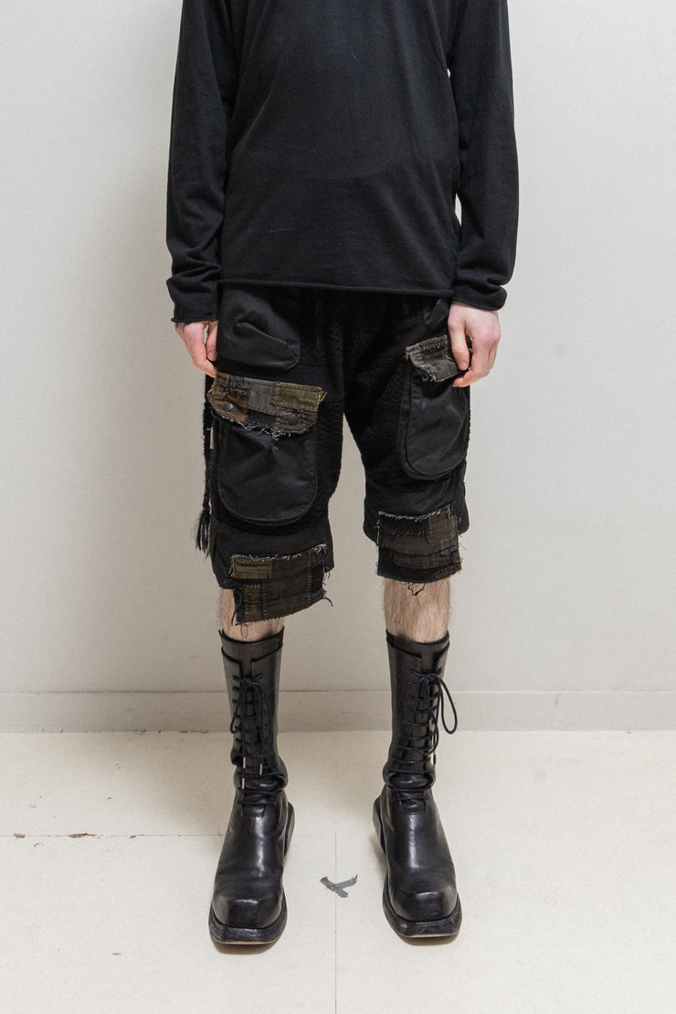 BLACKMEANS - Boro wide short pants with wool details and hand-sewn patches