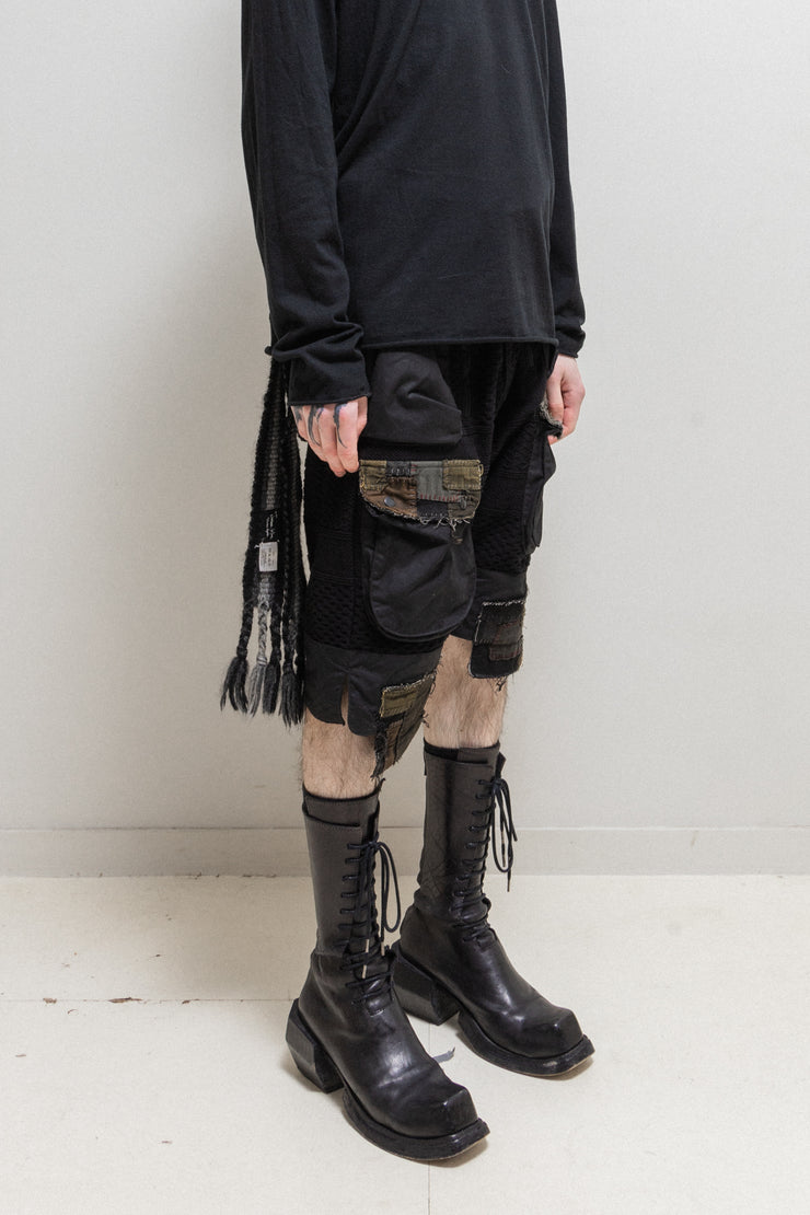BLACKMEANS - Boro wide short pants with wool details and hand-sewn patches