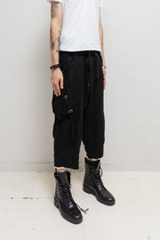 KMRII - Linen wide cargo shorts with buckles and goat skin details