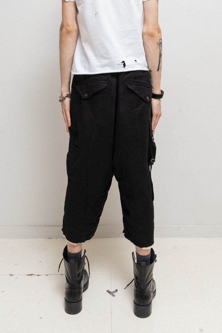 KMRII - Linen wide cargo shorts with buckles and goat skin details