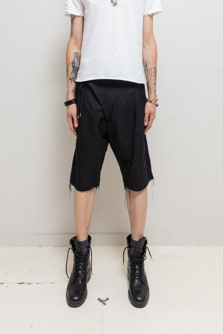 TAKAHIRO MIYASHITA THE SOLOIST - SS18 Textured silk blend raw cut shorts with waist flap