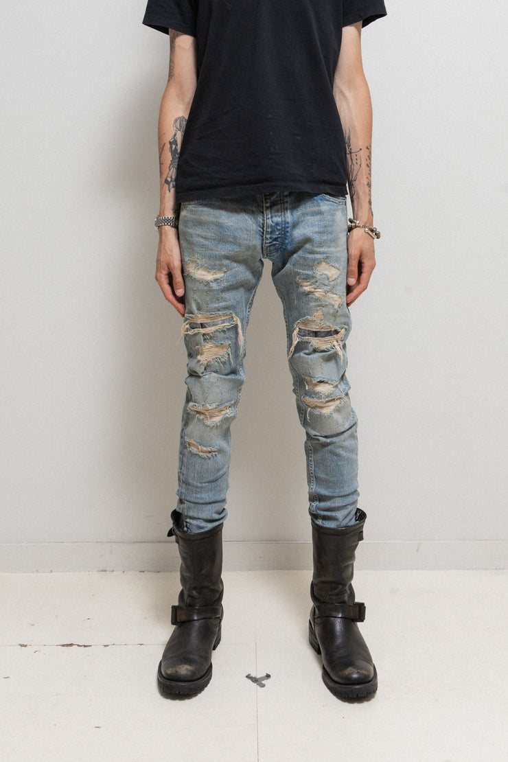 ISAMU KATAYAMA BACKLASH - Light washed crush denim with horse leather patches
