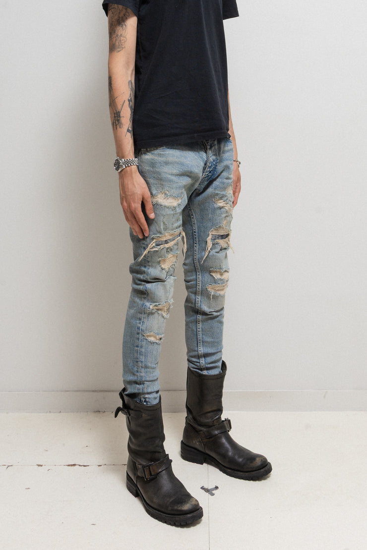 ISAMU KATAYAMA BACKLASH - Light washed crush denim with horse leather patches