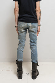 ISAMU KATAYAMA BACKLASH - Light washed crush denim with horse leather patches