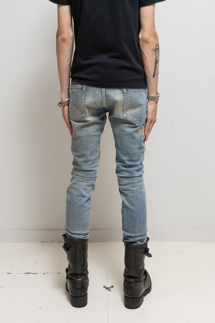 ISAMU KATAYAMA BACKLASH - Light washed crush denim with horse leather patches