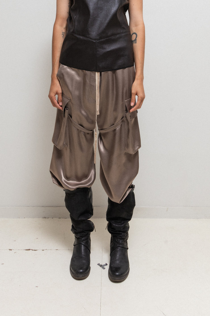 ANN DEMEULEMEESTER - FW02 Wide satin pants with cargo pockets and adjustable straps (runway)