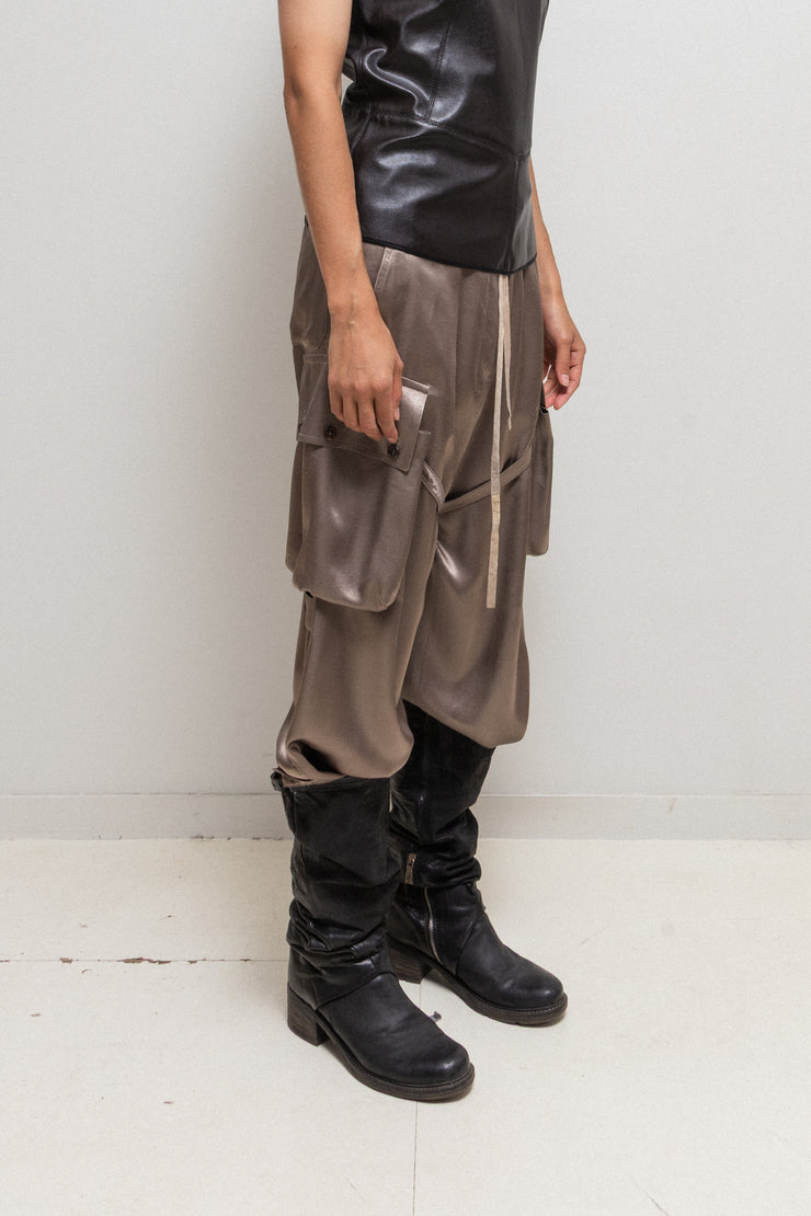 ANN DEMEULEMEESTER - FW02 Wide satin pants with cargo pockets and adjustable straps (runway)