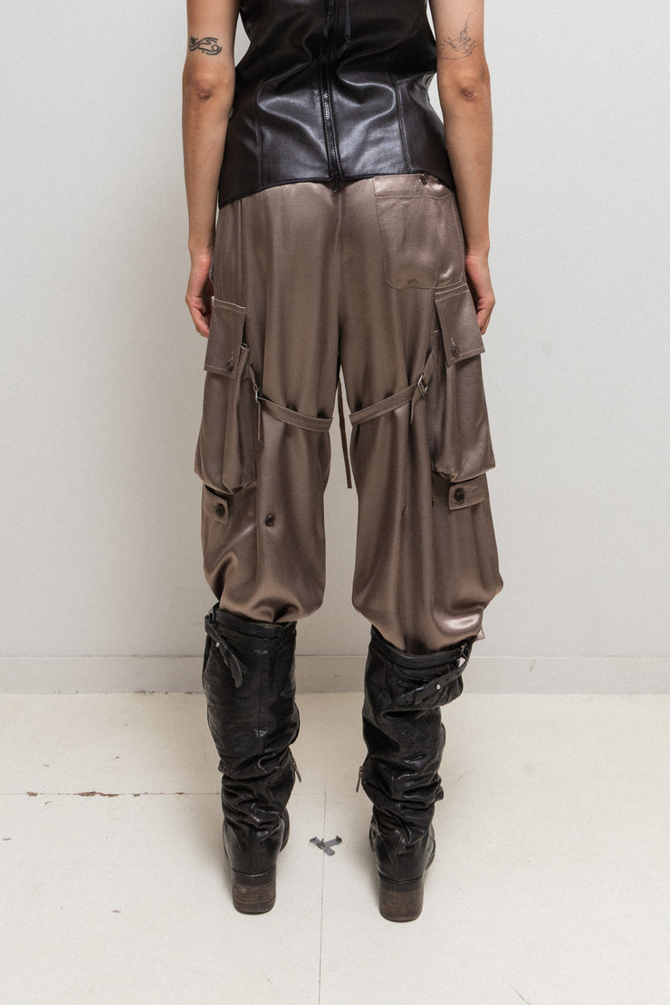 ANN DEMEULEMEESTER - FW02 Wide satin pants with cargo pockets and adjustable straps (runway)