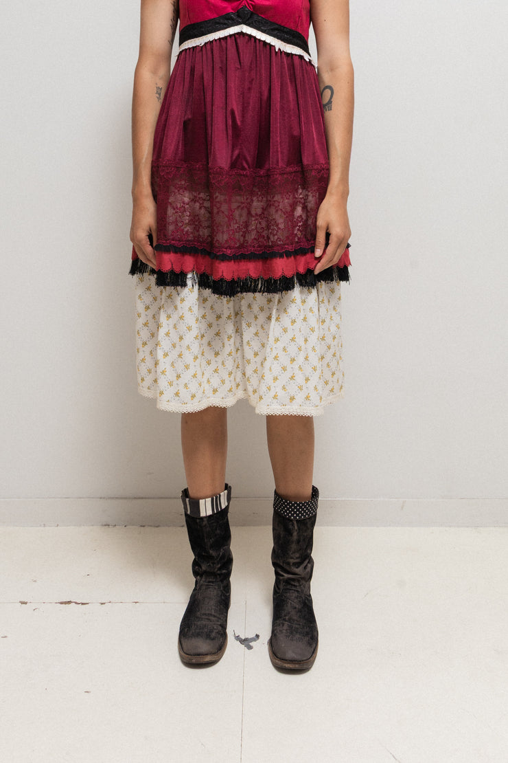 UNDERCOVER - SS05 « But Beautiful II » Wool skirt with floral cotton layer, embroidered teeth and eye button
