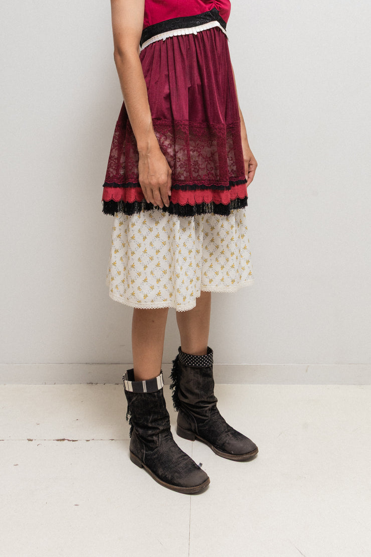 UNDERCOVER - SS05 « But Beautiful II » Wool skirt with floral cotton layer, embroidered teeth and eye button