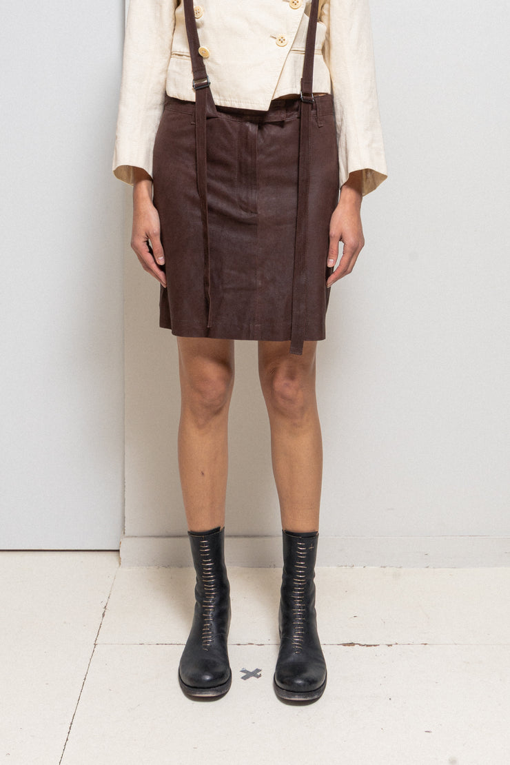 ANN DEMEULEMEESTER - FW03 Brown leather skirt with adjustable strap