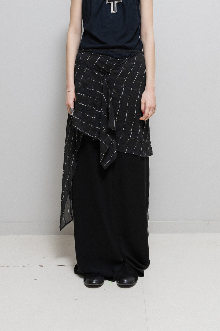 ANN DEMEULEMEESTER - SS11 Patterned silk skirt with a longer side and straps (runway)