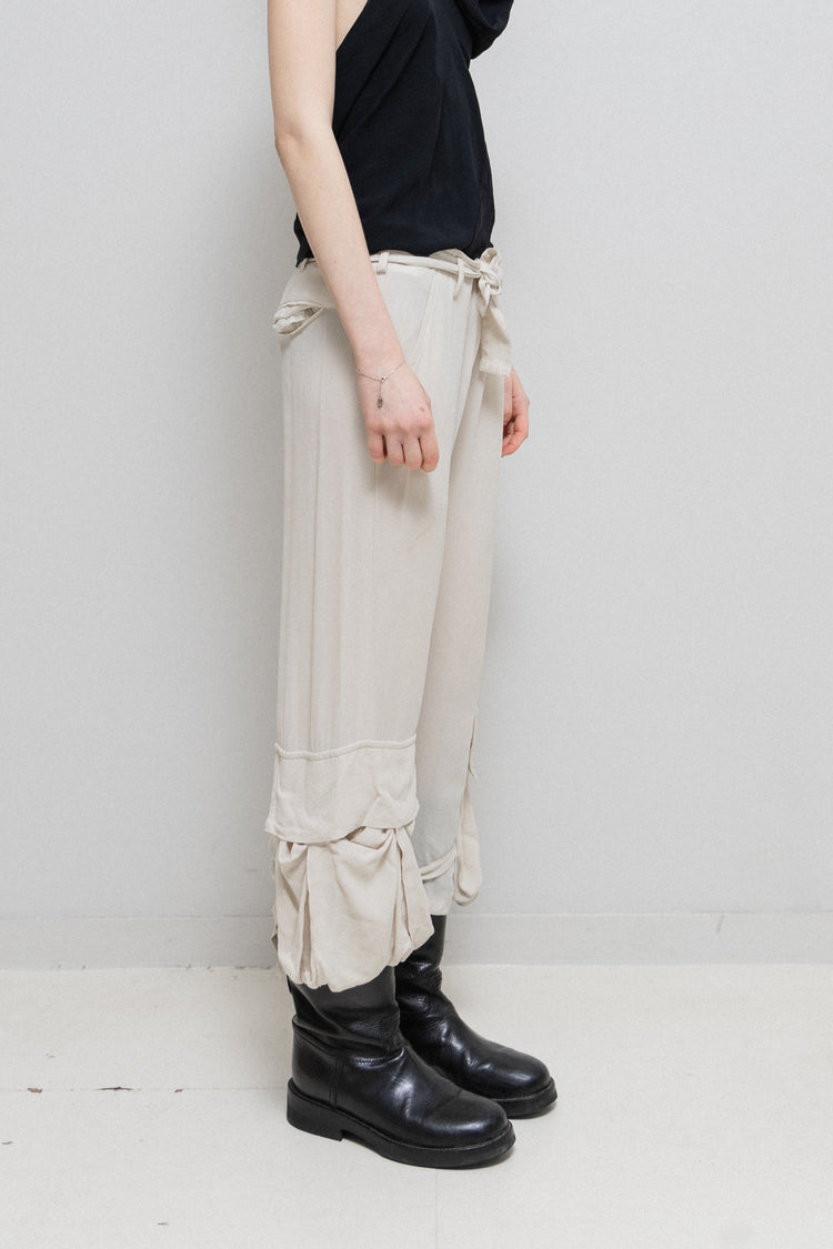 ANN DEMEULEMEESTER - SS04 Cream silk cropped pants with parachute