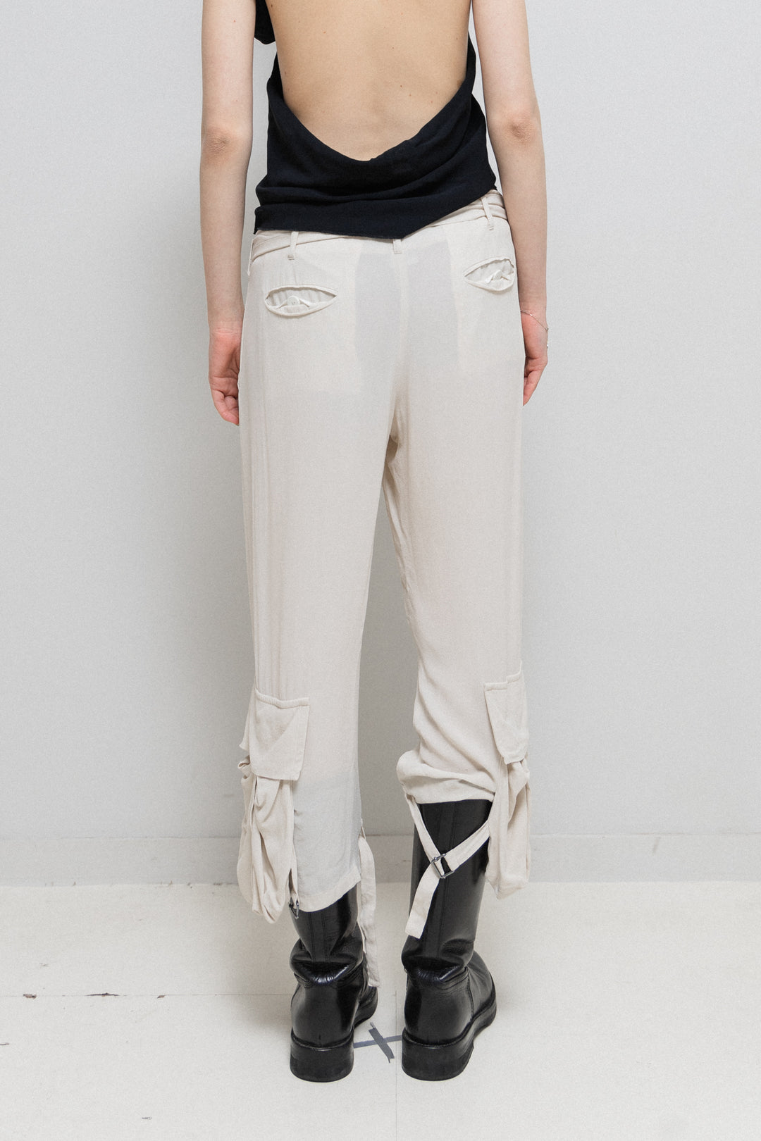 ANN DEMEULEMEESTER - SS04 Cream silk cropped pants with parachute