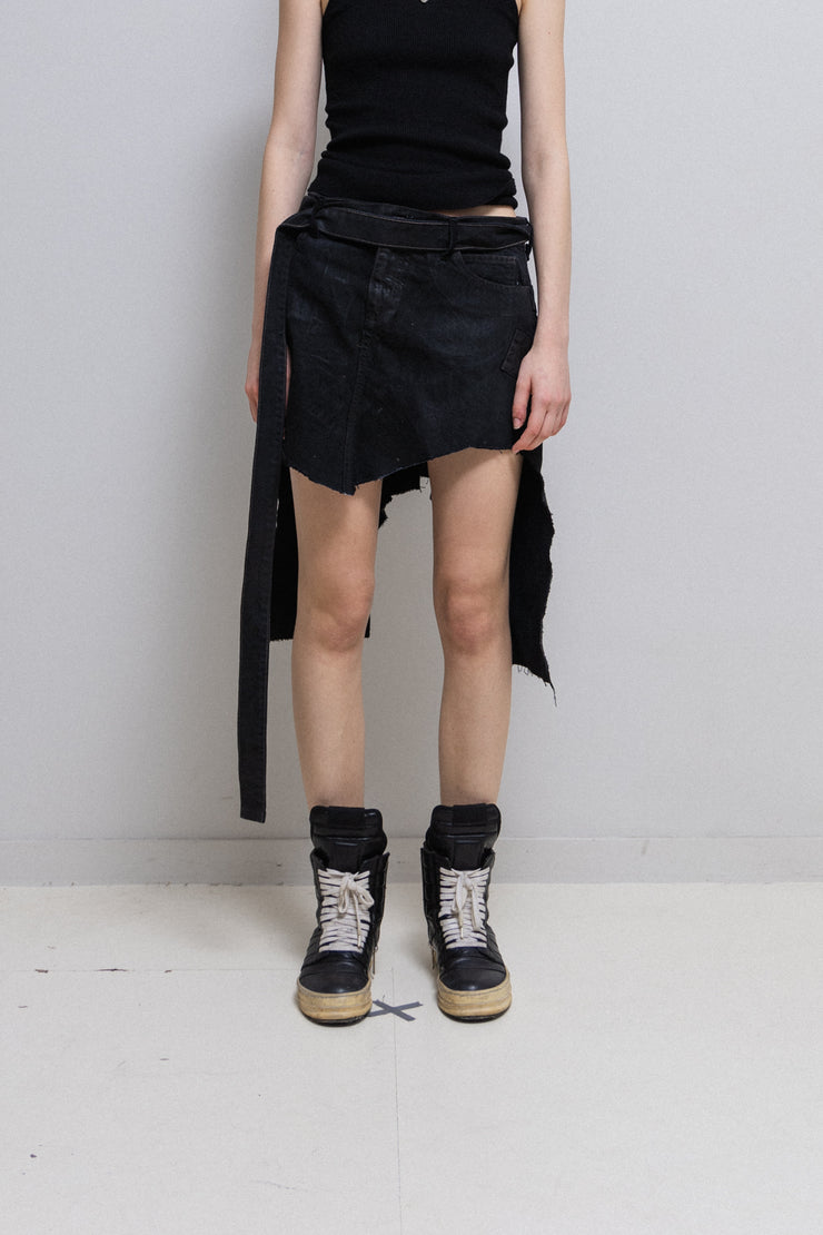 RICK OWENS SLAB - Thrashed denim skirt with long waist strap (sample)