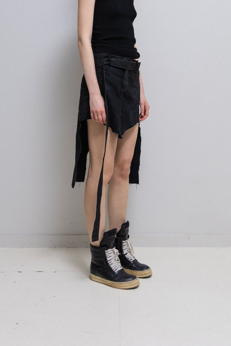 RICK OWENS SLAB - Thrashed denim skirt with long waist strap (sample)