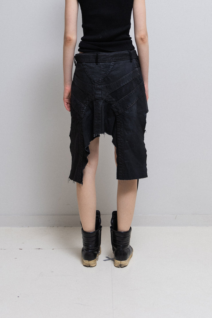 RICK OWENS SLAB - Thrashed denim skirt with long waist strap (sample)