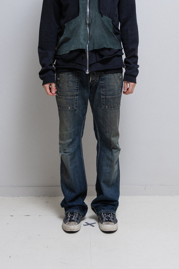 RICK OWENS SLAB - Hand washed wide ripped denim pants (PROTO)