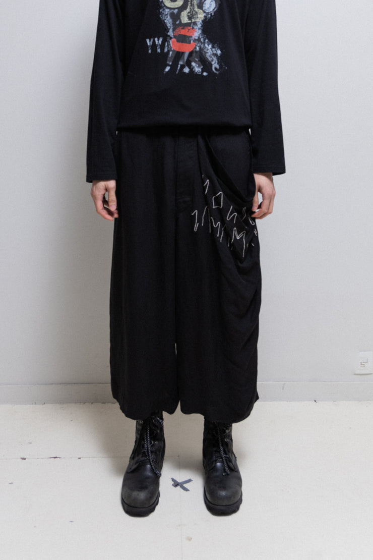 YOHJI YAMAMOTO POUR HOMME - SS15 Linen blend wide pants with buttoned side panel and embroidery details (runway)