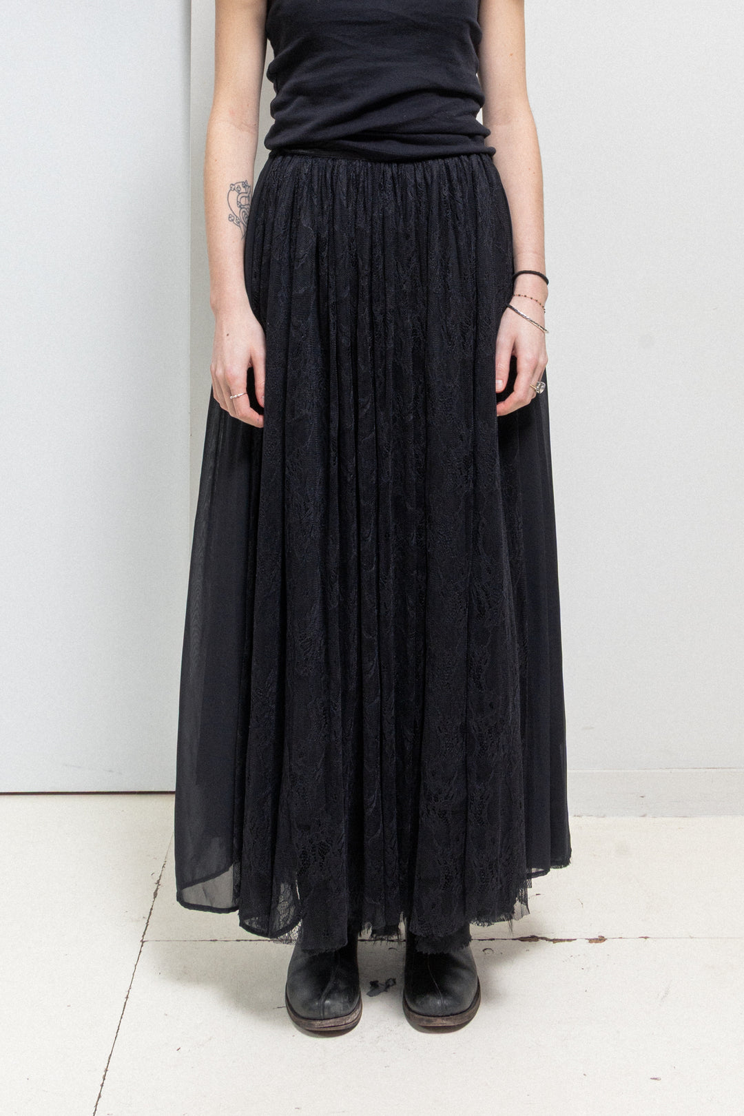 CATORCE - Layered lace wrap up skirt with leather waist band – L