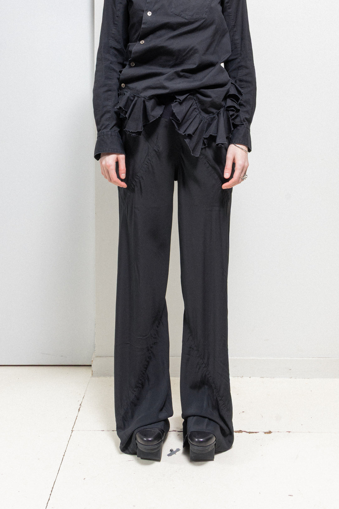 RICK OWENS - SS17 « WALRUS » Silk blend wide leg pants with ribbed