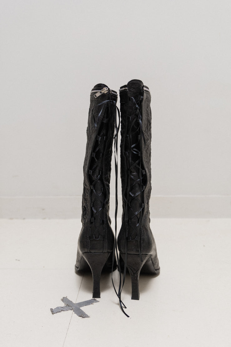 UNDERCOVER - FW06 "Guru Guru" Wrinkled leather high boots with back lacing and bug embroideries (runway)