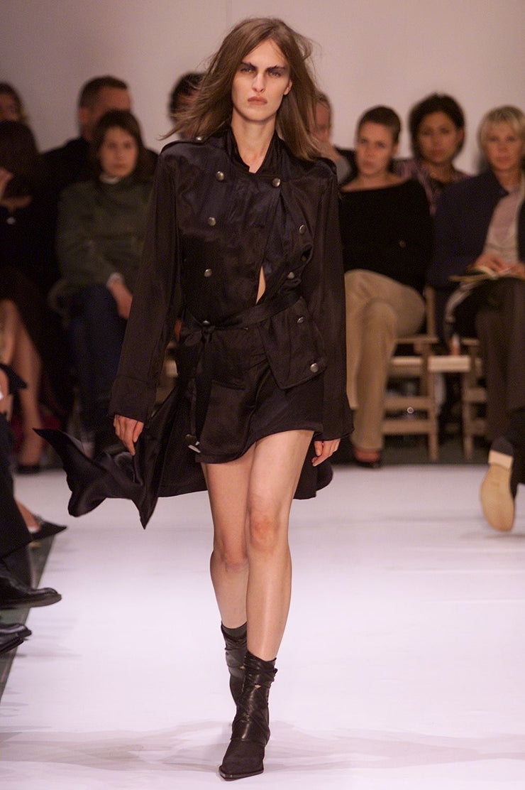 ANN DEMEULEMEESTER - SS02 Cotton blend satin officer jacket with decorated metal buttons and belt (runway)