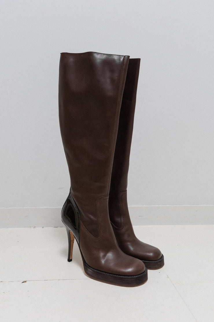 RICK OWENS x REVILLON - Knee high brown leather boots with patent details