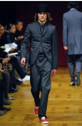 COMME DES GARCONS HOMME PLUS - FW07 Pinstripe wool jacket with fabric buttons (runway)