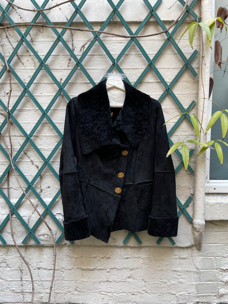 (New Arrival) VIVIENNE WESTWOOD RED LABEL - FW02 Asymmetric leather shearling jacket with orb buttons