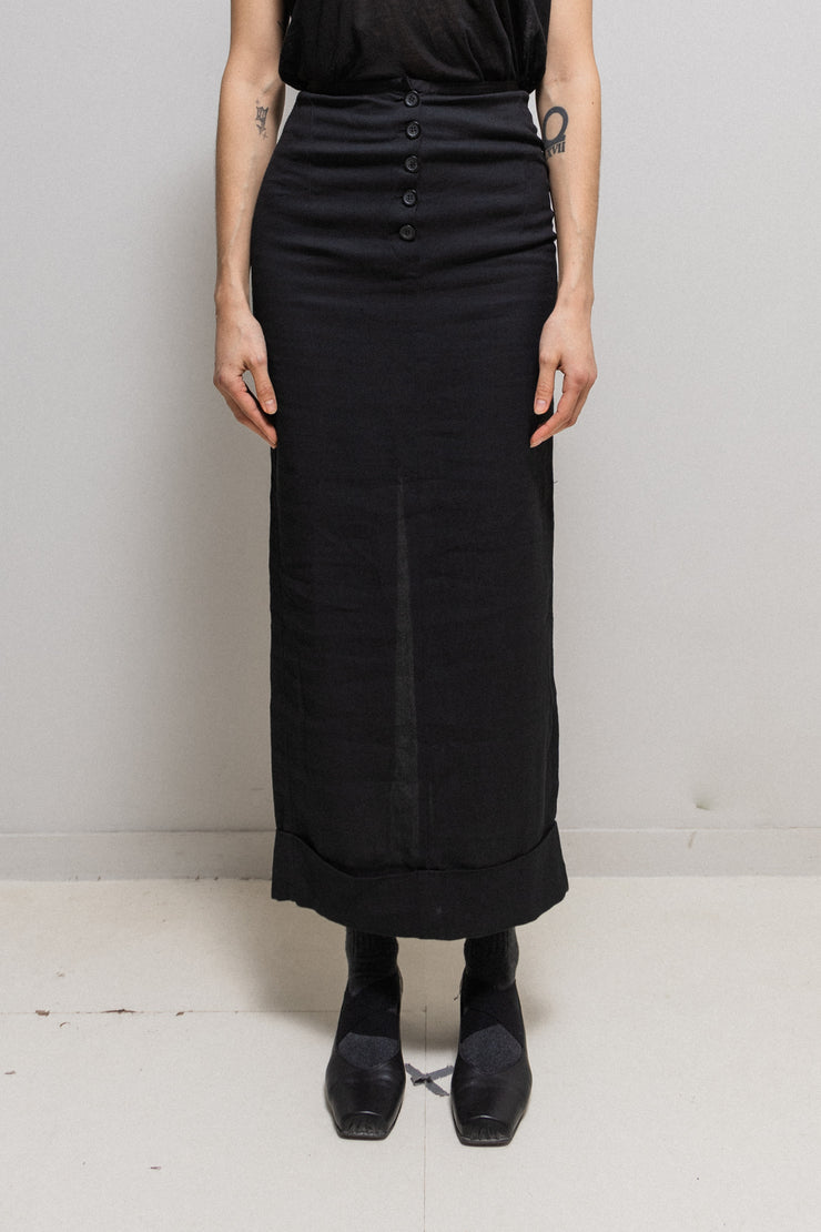 ANN DEMEULEMEESTER - Linen/cotton long skirt with button closure, back zipper slit and folded hem (probably spring 1996)