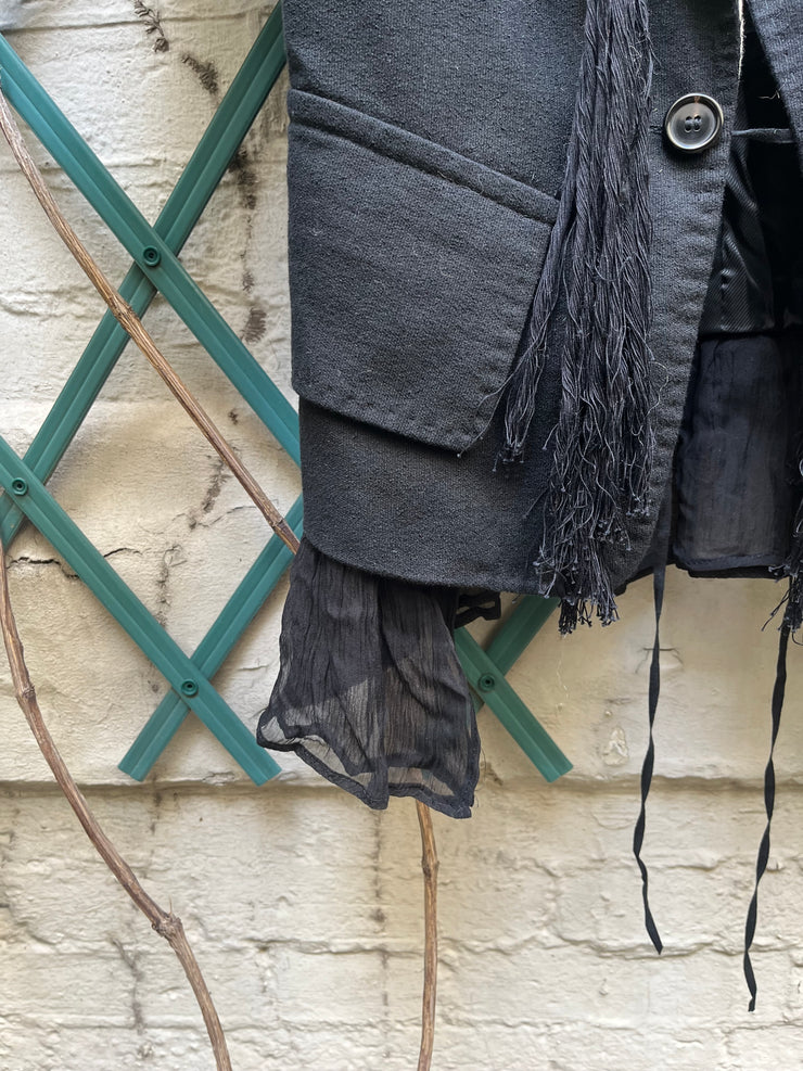 (New Arrival) ANN DEMEULEMEESTER - SS05 Cotton blend jacket with striped lapels and fringes (runway)