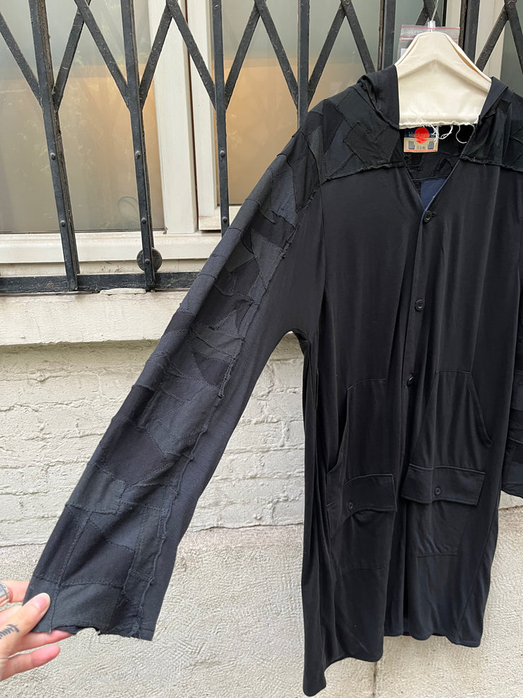 (New Arrival) BLACKMEANS - Extra long cotton jacket with patchwork sleeves and hood