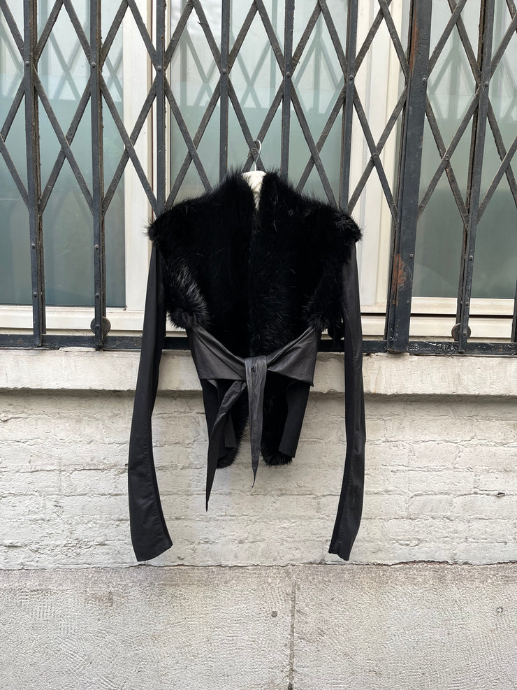 (New Arrival) RICK OWENS PALAIS ROYAL - Kangaroo leather + calf skin cropped jacket with straps and beaver fur collar