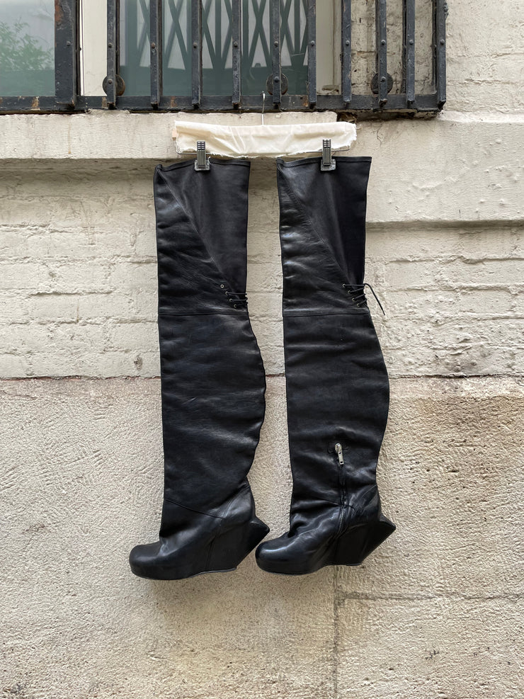 RICK OWENS - FW08 "STAG" Thigh high turbo wedge leather boots (runway)