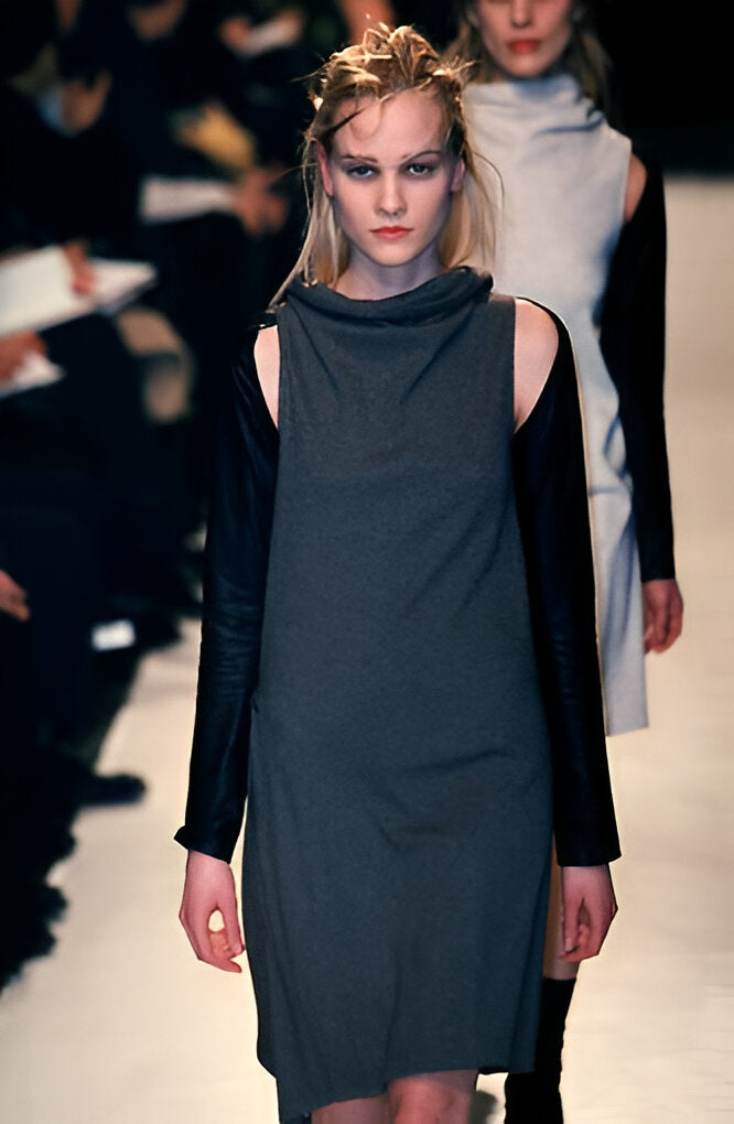 (Pre Sale) ANN DEMEULEMEESTER - FW98 Fleece wool/cotton asymmetric dress with draped collar (runway)