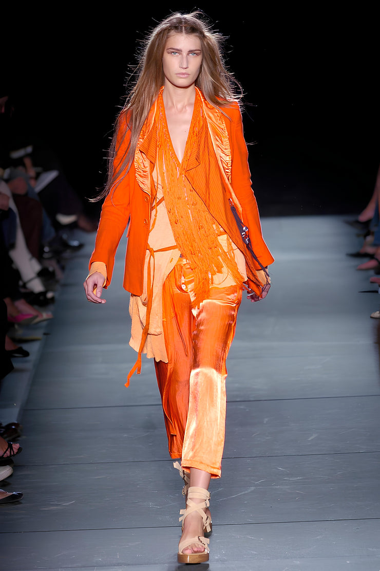 ANN DEMEULEMEESTER - SS05 Red orange cotton blend jacket with satin collar and pleated inner panels (runway)