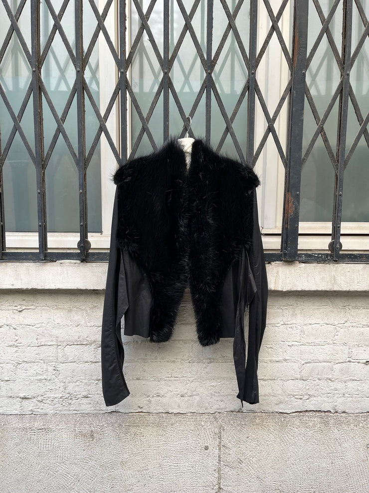 (New Arrival) RICK OWENS PALAIS ROYAL - Kangaroo leather + calf skin cropped jacket with straps and beaver fur collar