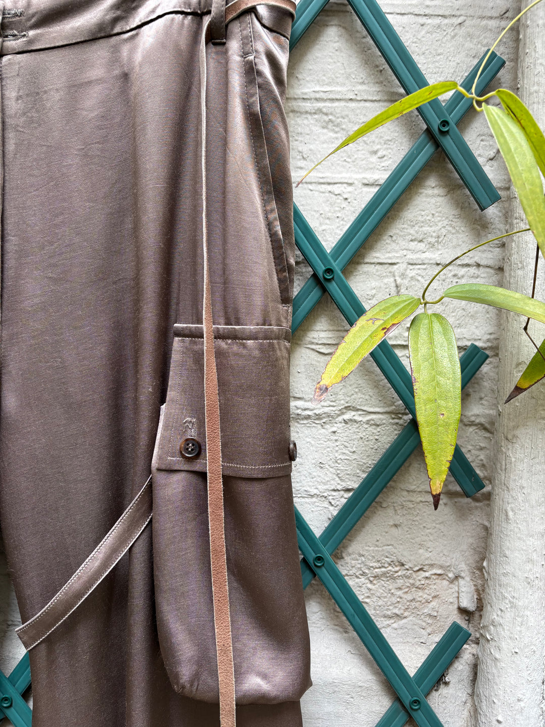 ANN DEMEULEMEESTER - FW02 Wide satin pants with cargo pockets and