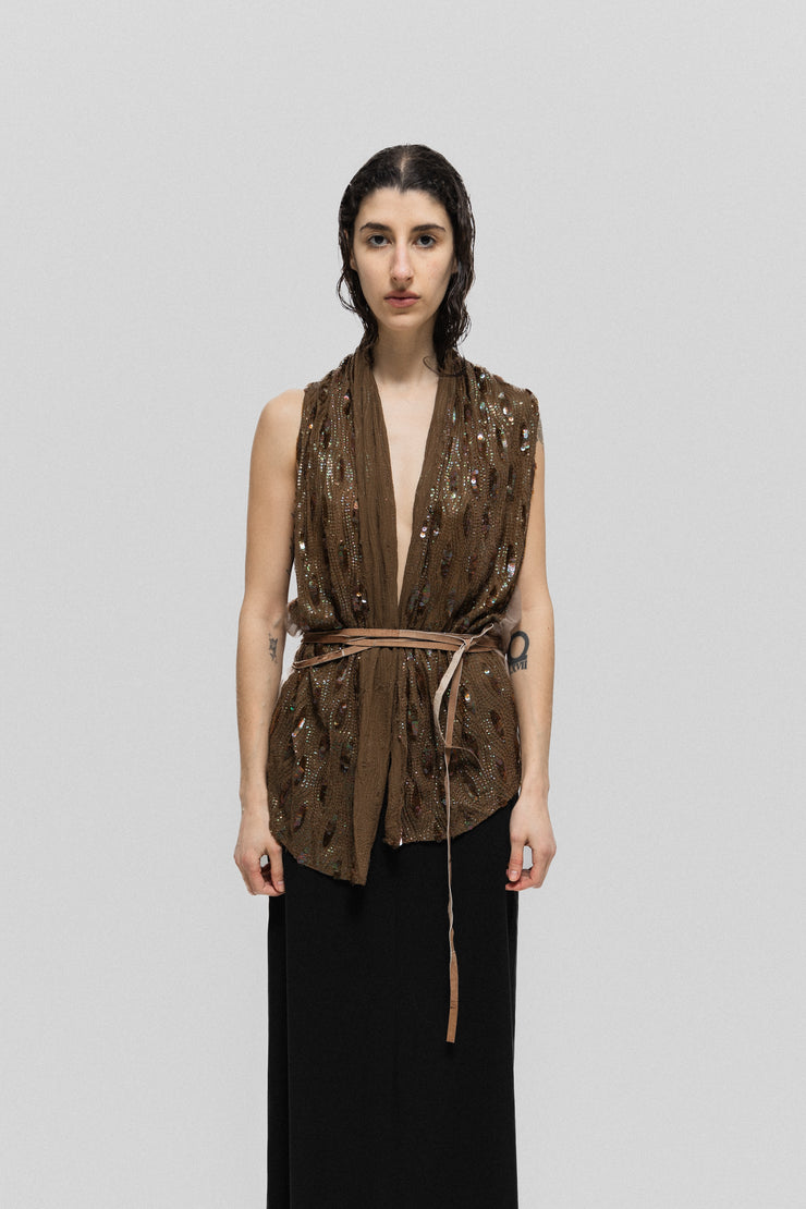 ANN DEMEULEMEESTER - FW02 Silk vest with embroidered sequins and long leather waist straps (runway)