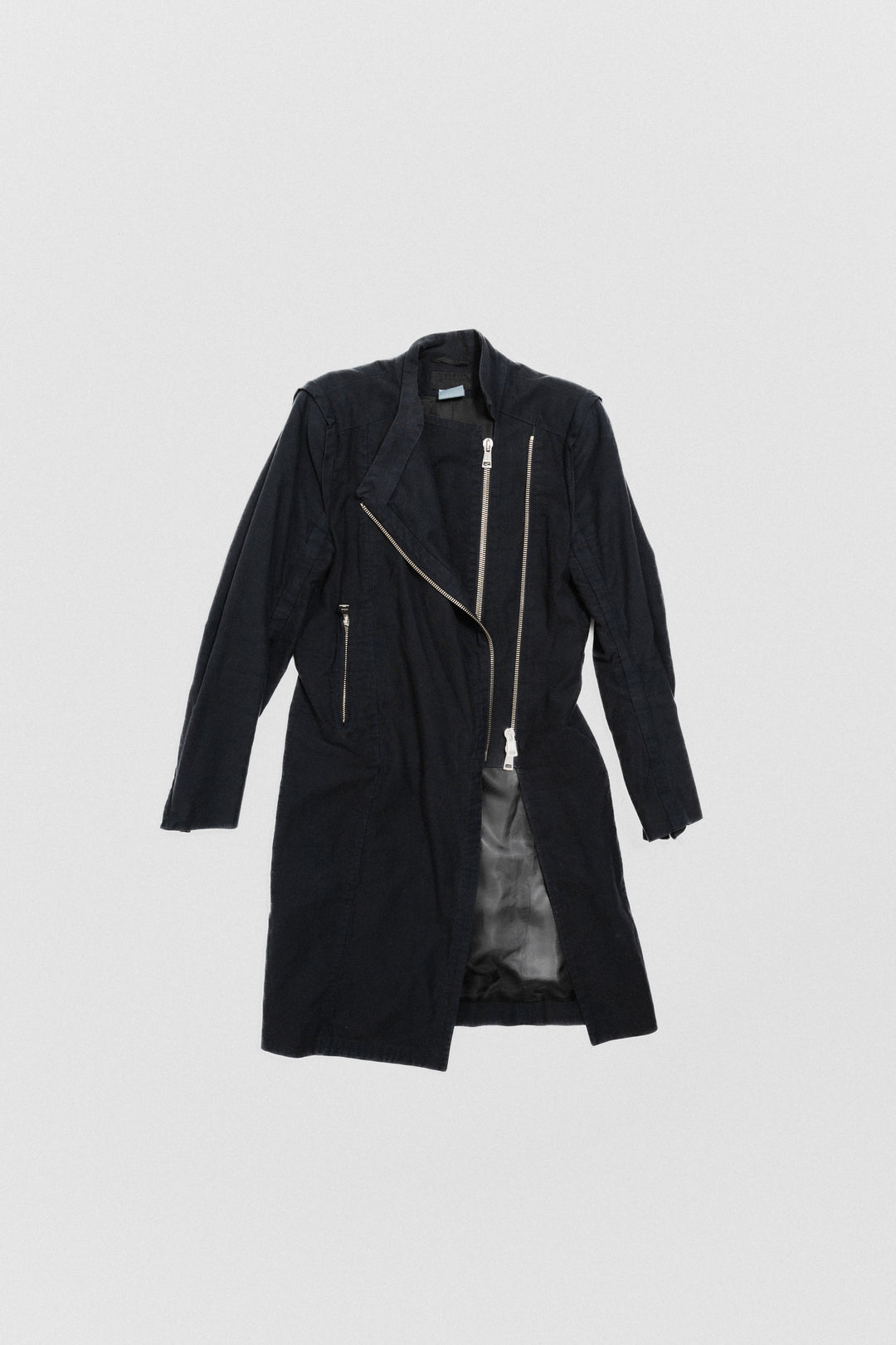 ANN DEMEULEMEESTER - SS03 Long cotton biker jacket with a double