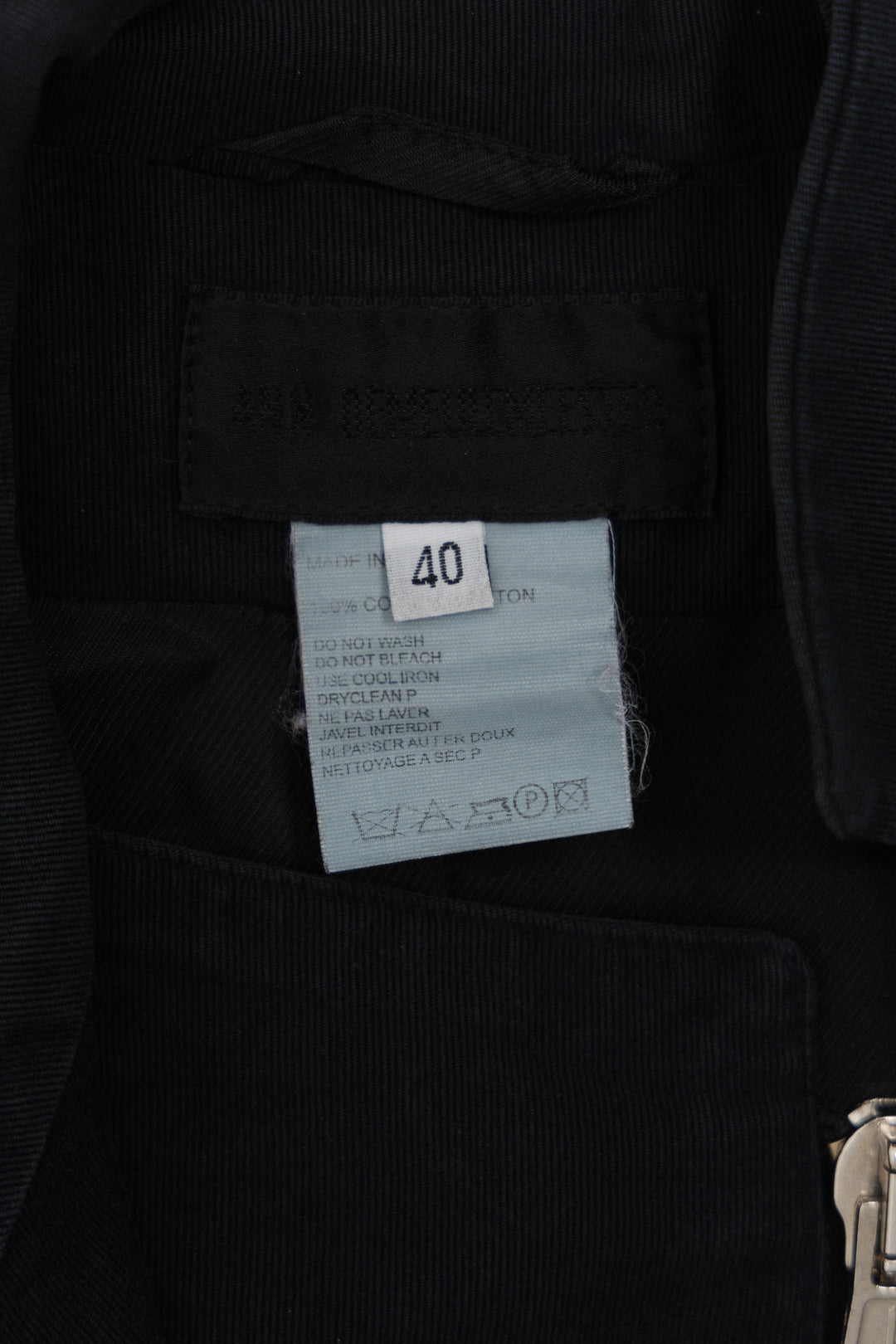 ANN DEMEULEMEESTER - SS03 Long cotton biker jacket with a double