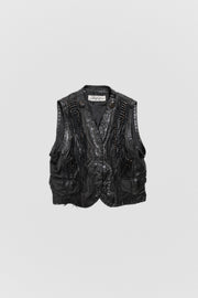 SHARE SPIRIT - Goat leather vest with turkey skin details, beaded fringes and resin decorations