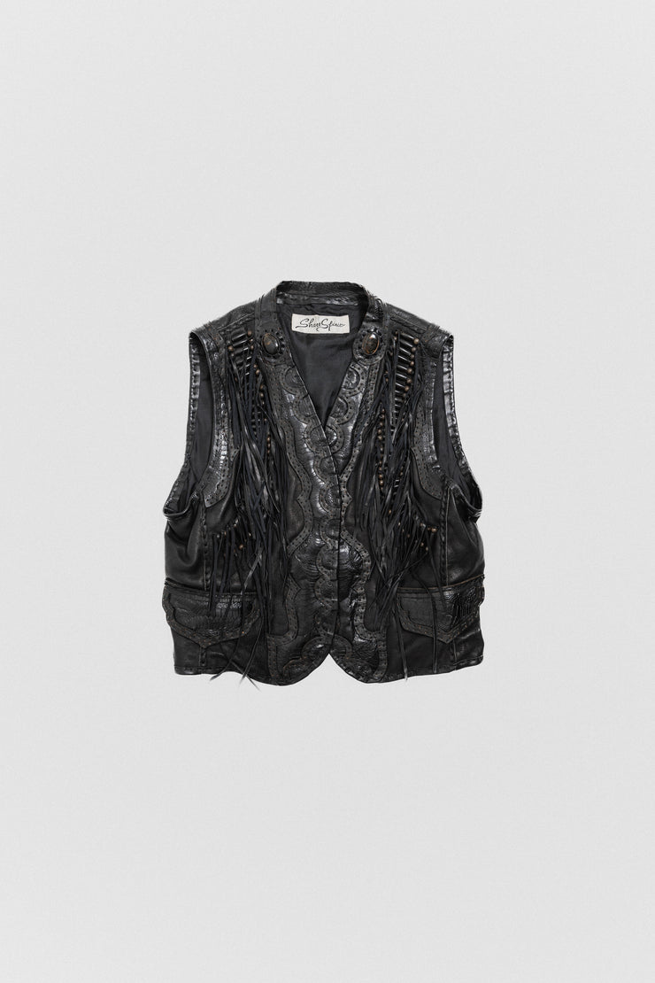 SHARE SPIRIT - Goat leather vest with turkey skin details, beaded fringes and resin decorations