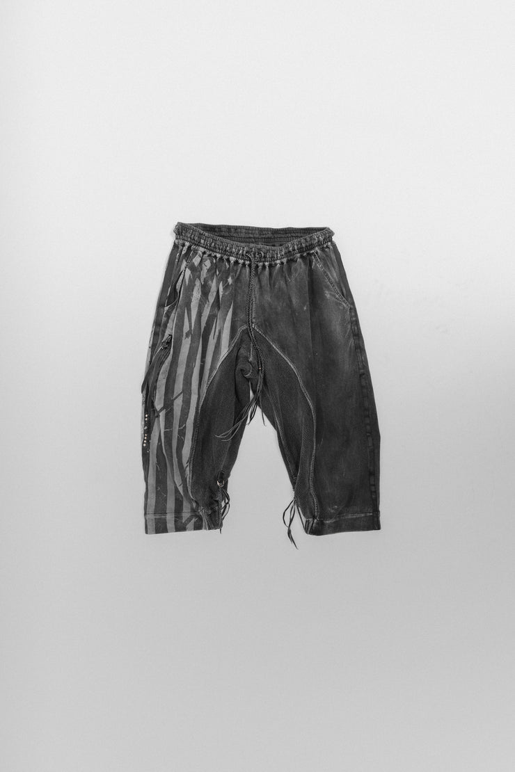 KMRII - Patterned cotton shorts with leather details