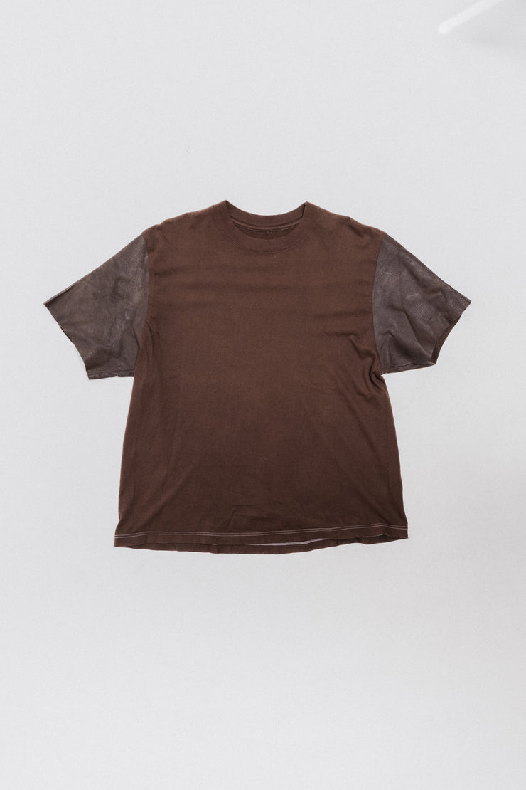 MARTIN MARGIELA - 2004 Artisanal brown cotton t shirt with leather sleeves (line 0/10)
