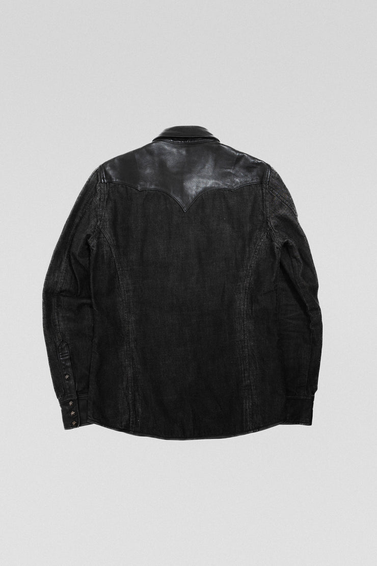 ISAMU KATAYAMA BACKLASH - Stone washed linen/cotton shirt with leather parts
